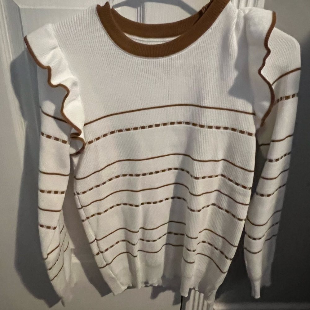 White and Brown Ruffle Sweater